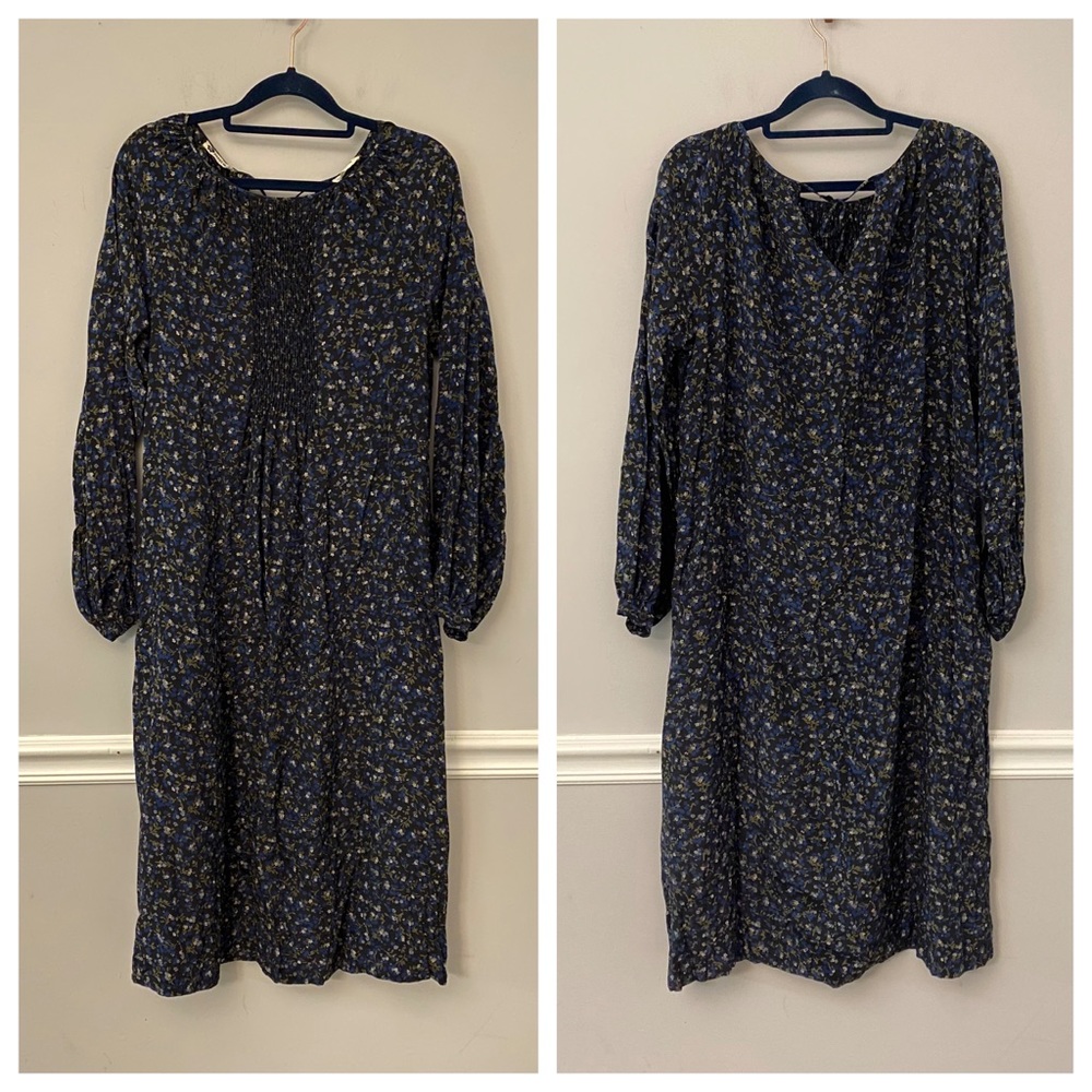 Beautiful Hanae Mori blue & black silk floral print midi long style dres…